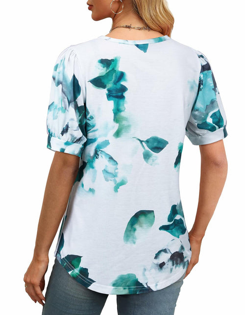 Load image into Gallery viewer, Uhiger Womens Summer Pleated Puff Sleeve Top Crewneck Blue Flower Size 2XL
