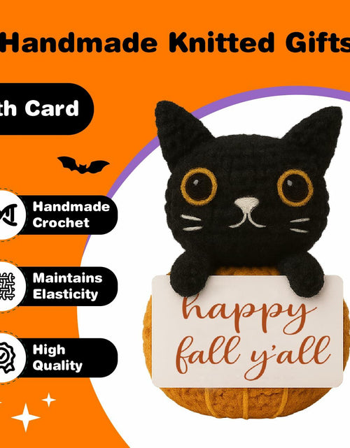 Load image into Gallery viewer, Skyists Crochet Black Cat Plush with Happy Fall Y'All Sign 3.74in Orange Black
