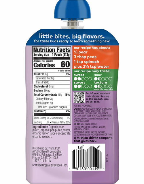 Load image into Gallery viewer, Plum Organics Stage 2 Baby Food Pear Pea Spinach 4oz Pouch Organic
