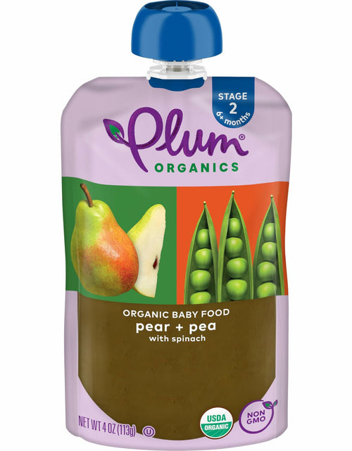Load image into Gallery viewer, Plum Organics Stage 2 Baby Food Pear Pea Spinach 4oz Pouch Organic
