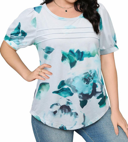 Uhiger Womens Summer Pleated Puff Sleeve Top Crewneck Blue Flower Size 2XL