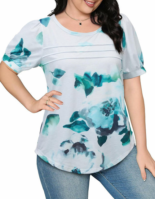 Load image into Gallery viewer, Uhiger Womens Summer Pleated Puff Sleeve Top Crewneck Blue Flower Size 2XL
