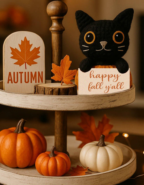 Load image into Gallery viewer, Skyists Crochet Black Cat Plush with Happy Fall Y'All Sign 3.74in Orange Black
