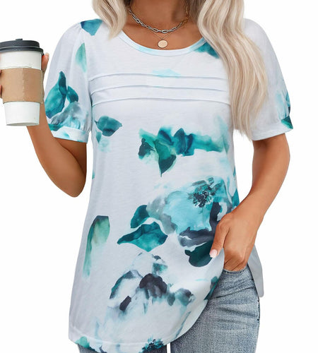 Uhiger Womens Summer Pleated Puff Sleeve Top Crewneck Blue Flower Size 2XL