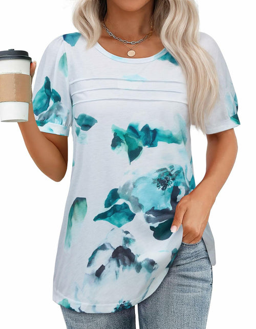 Load image into Gallery viewer, Uhiger Womens Summer Pleated Puff Sleeve Top Crewneck Blue Flower Size 2XL
