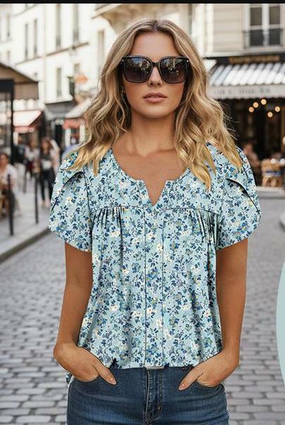 Load image into Gallery viewer, CRAZY GRID Women's Puff Lace Short Sleeve Blouse Blue Gardenia Size 3XL
