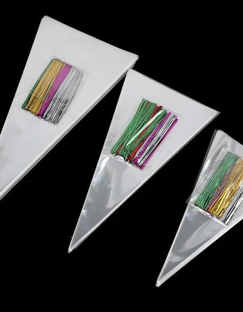 Load image into Gallery viewer, Muyindo Clear Cello Triangle Bags 6x12 Inch 100 Pieces with Color Twist Ties

