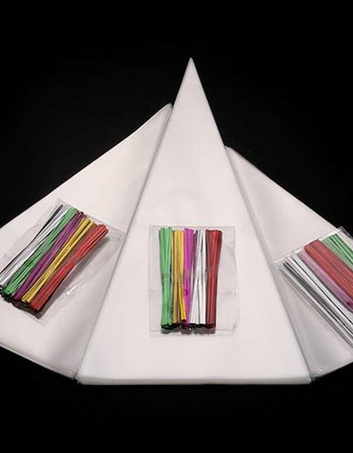 Load image into Gallery viewer, Muyindo Clear Cello Triangle Bags 6x12 Inch 100 Pieces with Color Twist Ties
