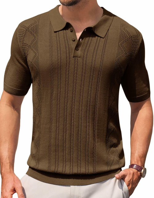 Load image into Gallery viewer, Runcati Mens Slim Fit Knit Polo Shirt Short Sleeve Cotton Coffee Size XX-Large
