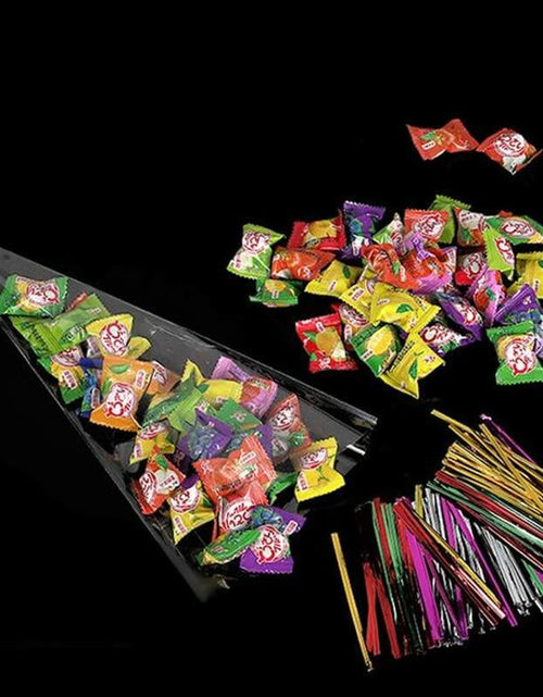 Load image into Gallery viewer, Muyindo Clear Cello Triangle Bags 6x12 Inch 100 Pieces with Color Twist Ties

