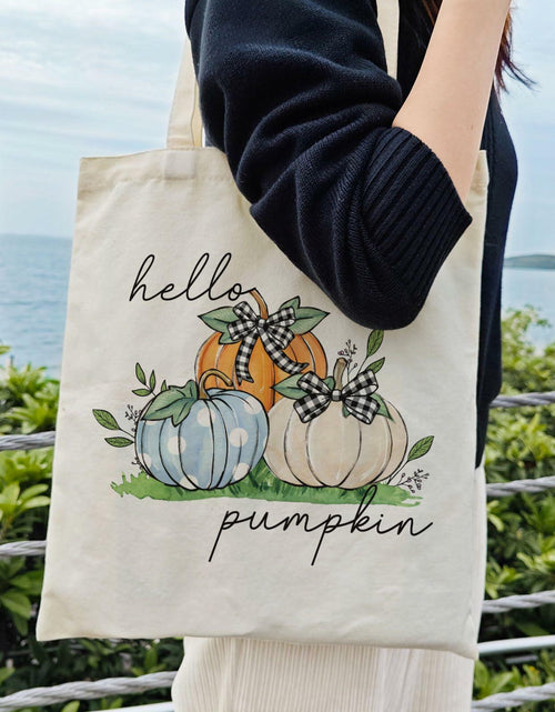 Load image into Gallery viewer, Dlzdn Fall Pumpkin Canvas Tote Bag Reusable Grocery Beach Bag Off-white One Size
