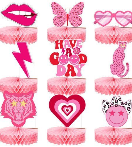 Sinmoe 9pcs Hot Pink Preppy Honeycomb Table Centerpiece Party Decor