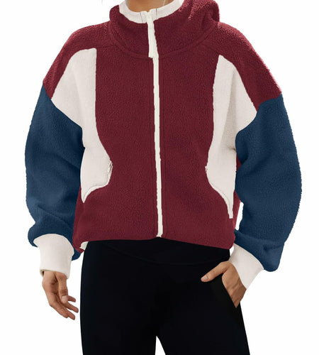 Panadila Womens Fuzzy Fleece Zip Up Oversized Hoodie Burgundy Navy Combo Size M