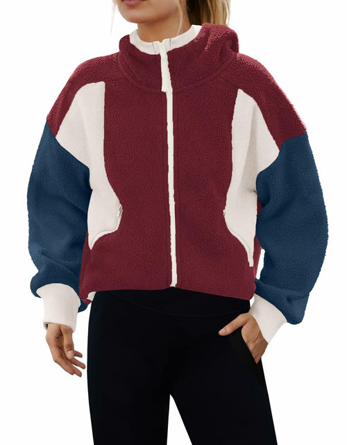 Load image into Gallery viewer, Panadila Womens Fuzzy Fleece Zip Up Oversized Hoodie Burgundy Navy Combo Size M
