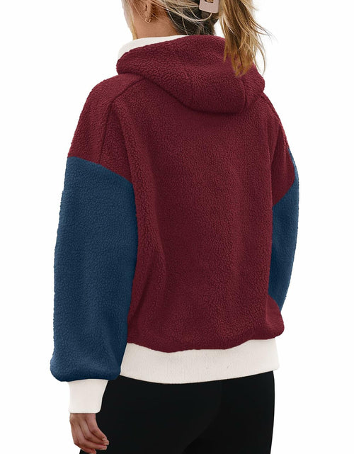 Load image into Gallery viewer, Panadila Womens Fuzzy Fleece Zip Up Oversized Hoodie Burgundy Navy Combo Size M
