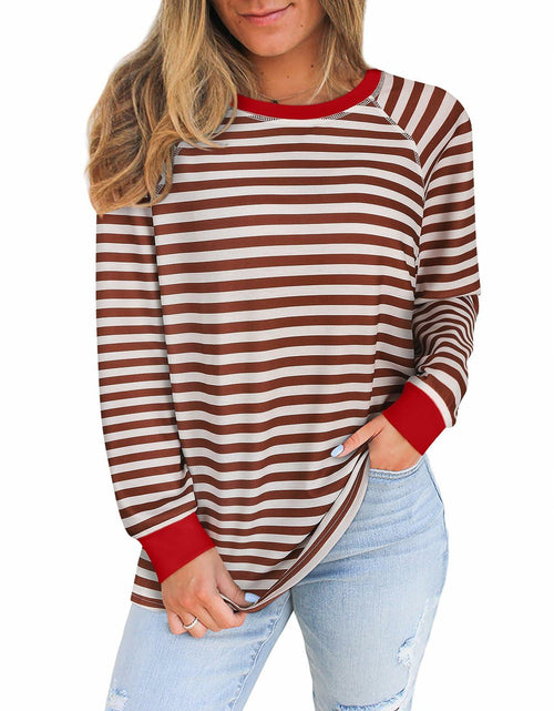 Load image into Gallery viewer, Misyula Style Plus Size Striped Color Block Sweatshirt Red Brown Size XL
