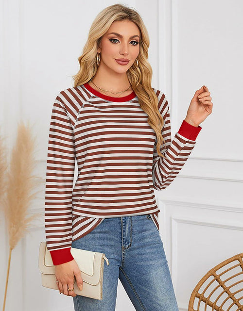 Load image into Gallery viewer, Misyula Style Plus Size Striped Color Block Sweatshirt Red Brown Size XL
