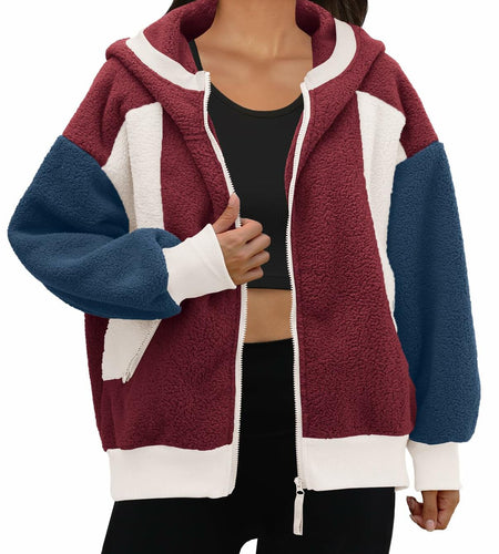 Panadila Womens Fuzzy Fleece Zip Up Oversized Hoodie Burgundy Navy Combo Size M