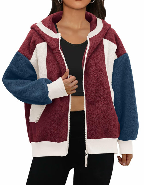 Load image into Gallery viewer, Panadila Womens Fuzzy Fleece Zip Up Oversized Hoodie Burgundy Navy Combo Size M
