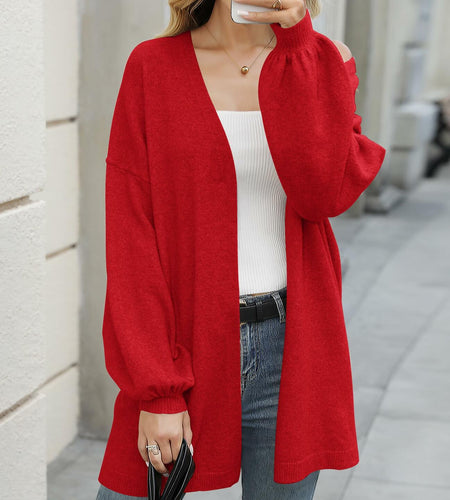 Ziesexy Womens Oversized Knit Cardigan Sweater Long Open Front Red