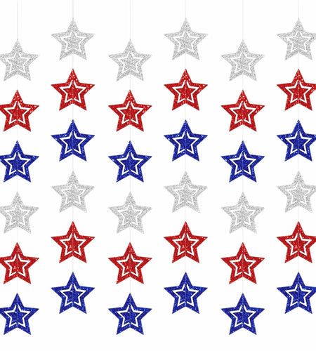 hhdatc 4th of July Hollow Out Star Banner Red Silver Blue Paper Decor