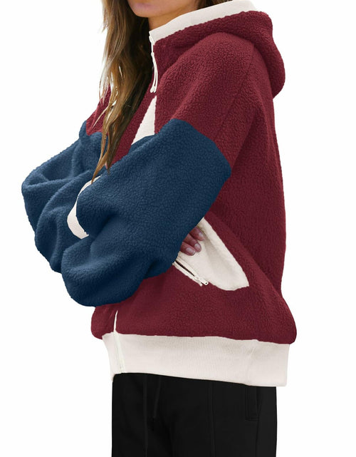 Load image into Gallery viewer, Panadila Womens Fuzzy Fleece Zip Up Oversized Hoodie Burgundy Navy Combo Size M
