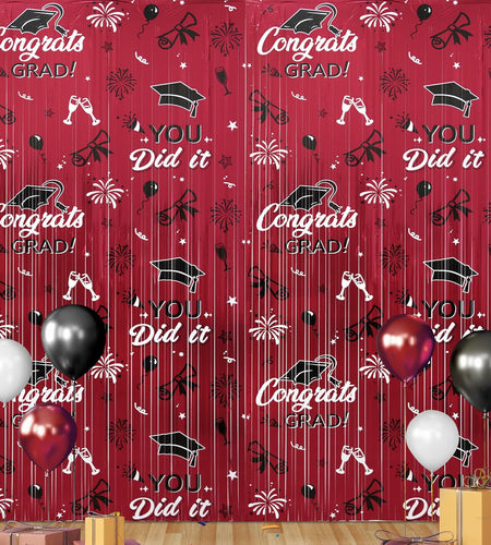 Pedel 2025 Graduation Foil Fringe Curtains 2 Pack 3.2x6.5ft Maroon Black