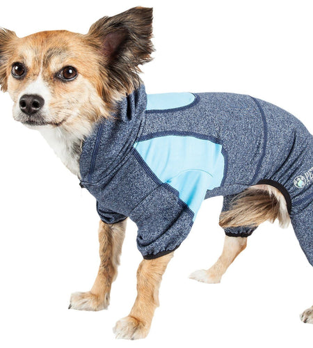 Pet Life ®  Active 'Fur-Breeze' Medium-weight 4-Way-Stretch Full Body Hooded Dog Yoga sweater