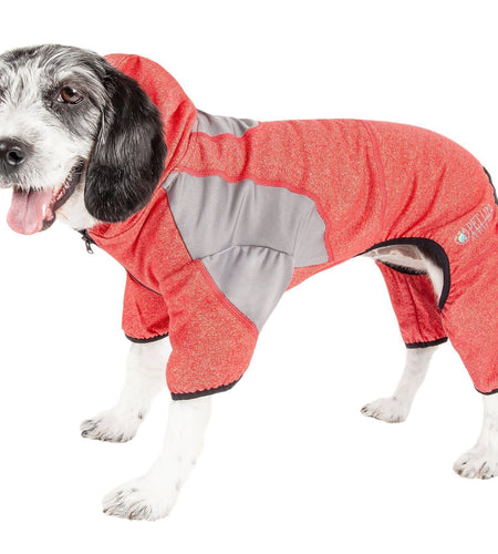 Pet Life ®  Active 'Fur-Breeze' Medium-weight 4-Way-Stretch Full Body Hooded Dog Yoga sweater