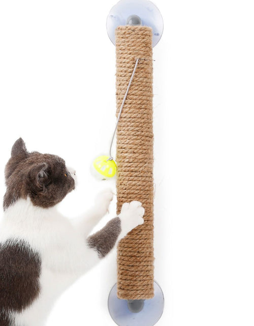 Load image into Gallery viewer, Pet Life ® 'Stick N' Claw' Sisal Rope and Toy Suction Cup Stick Shaped Cat Scratcher

