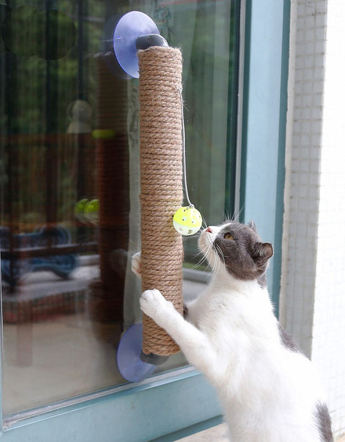 Load image into Gallery viewer, Pet Life ® 'Stick N' Claw' Sisal Rope and Toy Suction Cup Stick Shaped Cat Scratcher
