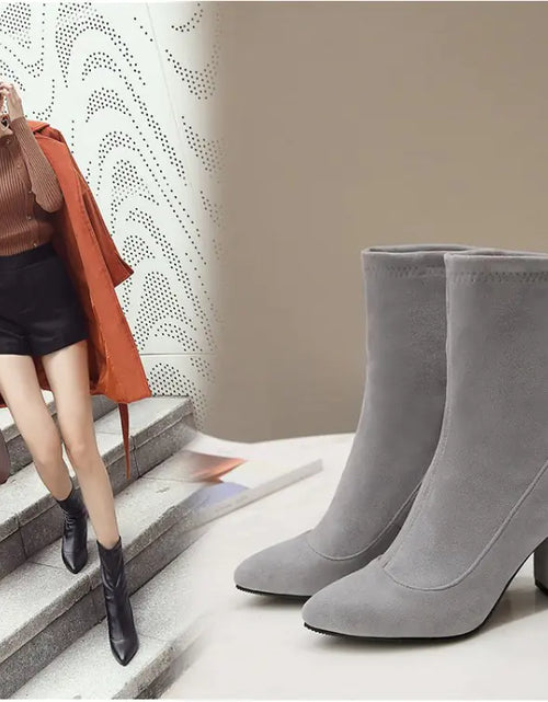 Load image into Gallery viewer, Embroidered Gray Ankle Boots with Chunky Heels for Women
