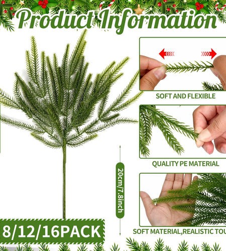 16 Pcs Norfolk Pine Branch 18in Artificial Christmas Green Plastic