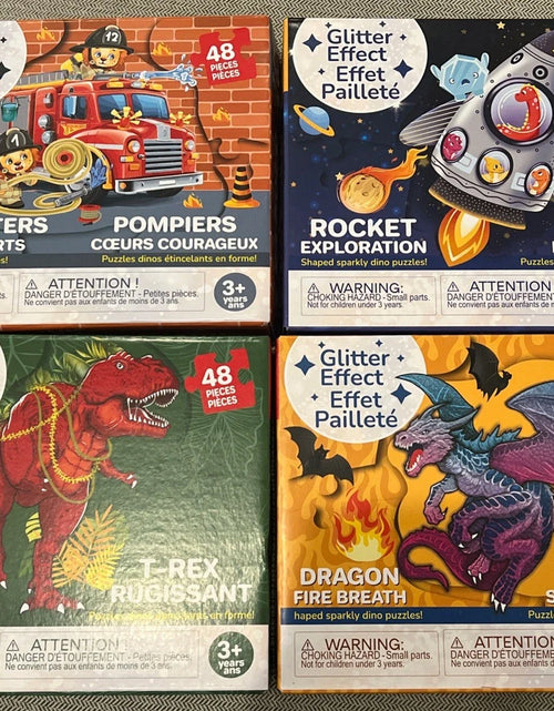 Load image into Gallery viewer, QUOKKA 48-Piece Shaped Jigsaw Puzzles 4-Pack Dragon Rocket Firetruck Dino
