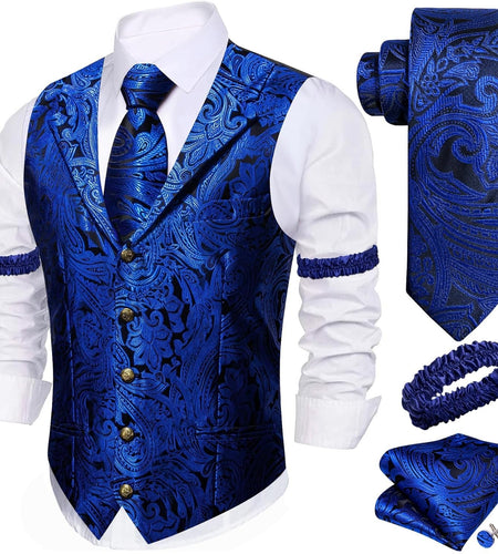 YourTies Royal Blue Paisley Silk Vest Waistcoat Tie Pocket Square Set