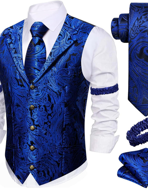 Load image into Gallery viewer, YourTies Royal Blue Paisley Silk Vest Waistcoat Tie Pocket Square Set
