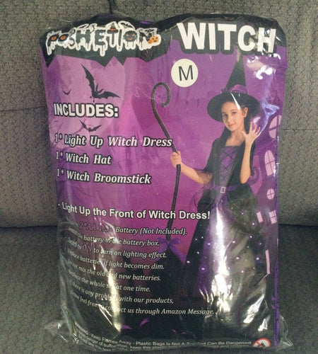 Poshetion Light-Up Witch Costume Dress Hat Broom Size M Child Medium