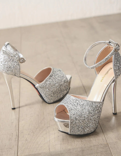 Load image into Gallery viewer, Trendy Metallic Sequin Peep-Toe High Heels Sandals
