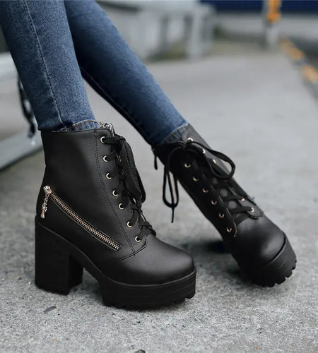 Women's Vintage Martin Ankle Boots with Chunky Heels