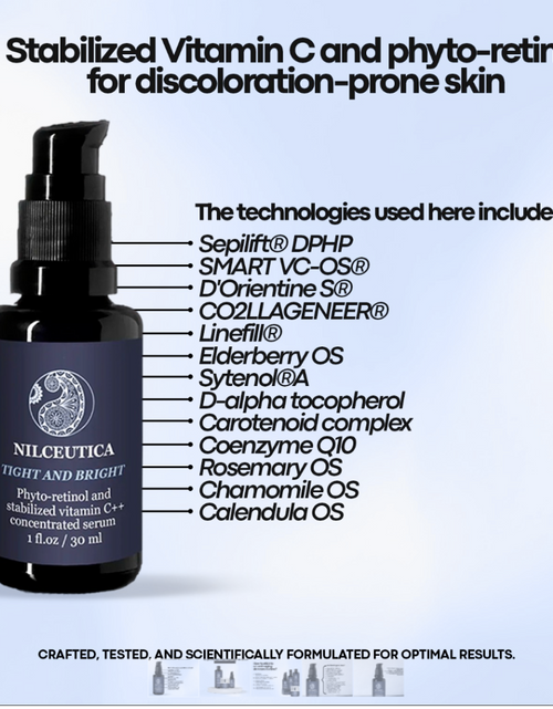 Load image into Gallery viewer, TIGHT AND BRIGHT, an Advanced Gentle Phyto-Retinol and Vitamin C Face Serum, 12 Innovative Technologies, 55% High-Performance Cosmeceuticals
