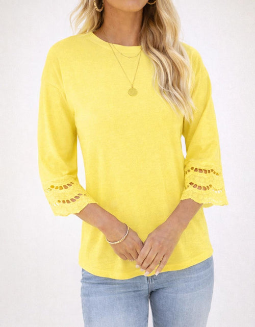 Load image into Gallery viewer, Yuccalley Women's Summer 3/4 Lace Sleeve Loose Fit Tee Khaki Size M

