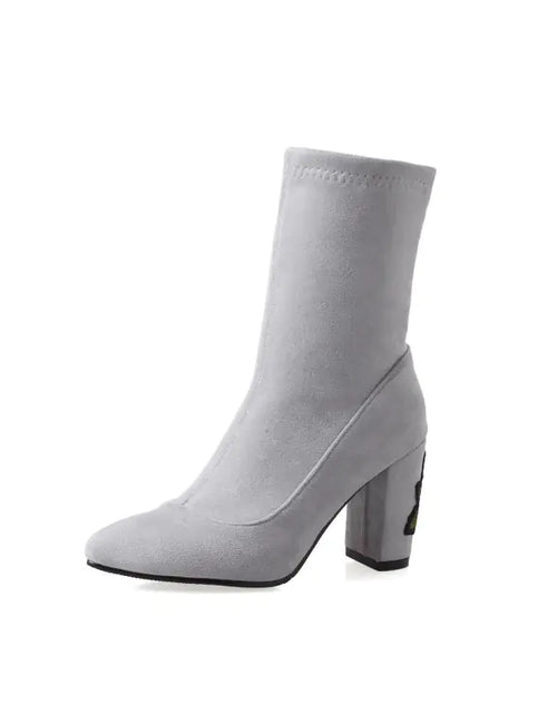 Load image into Gallery viewer, Embroidered Gray Ankle Boots with Chunky Heels for Women
