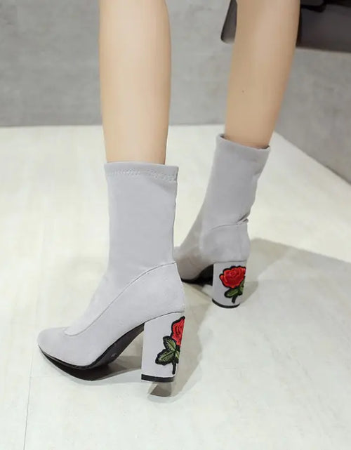 Load image into Gallery viewer, Embroidered Gray Ankle Boots with Chunky Heels for Women

